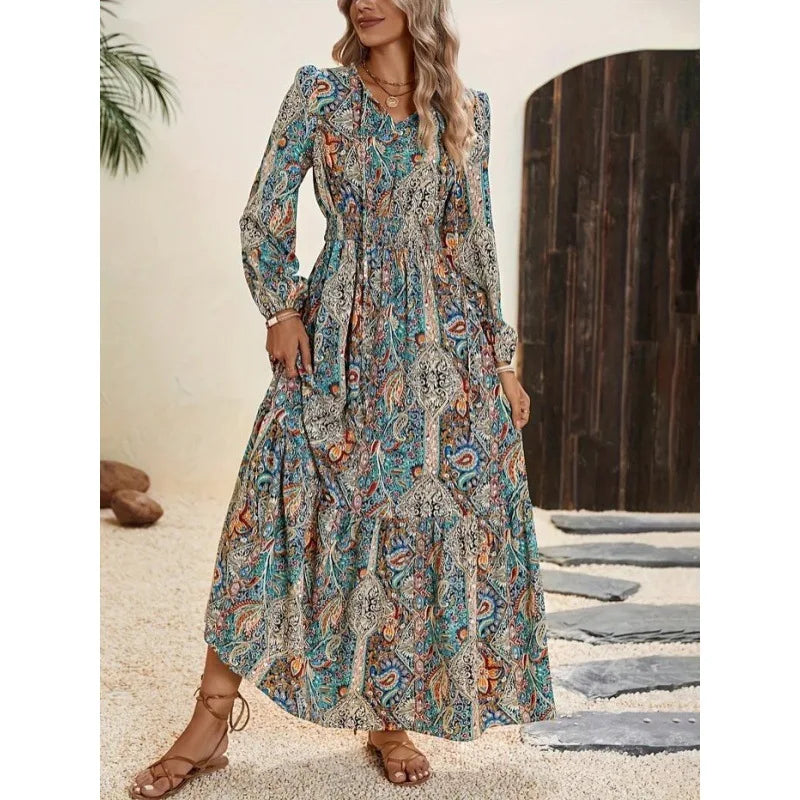 Fashion Ruffles Print Maxi Dress Women Autumn Long Sleeve Lace Up Long Dress Boho Elastic Waist A-line Vestidos