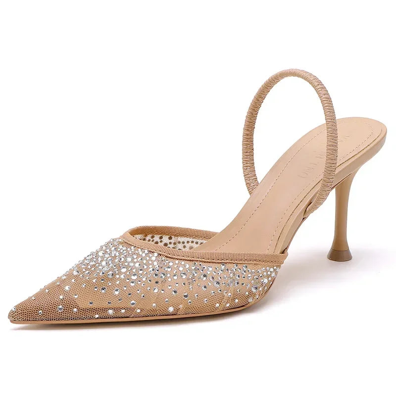Luxury Brand Shiny Rhinestone Design Mesh High Heels Women Summer Elegant Open Heel Pointed Toe Sandals Thine Heel Mules Pumps