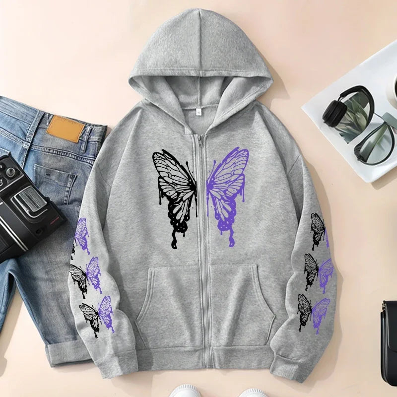 Butterfly Print Y2K Zip-Up Hoodie