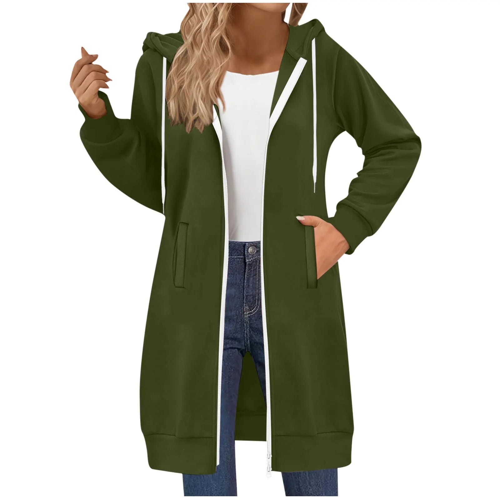 Women's Clothing Long Sweatshirt Casual Versatile Drawstring Long Sleeve Hooded Jacket with Pockets