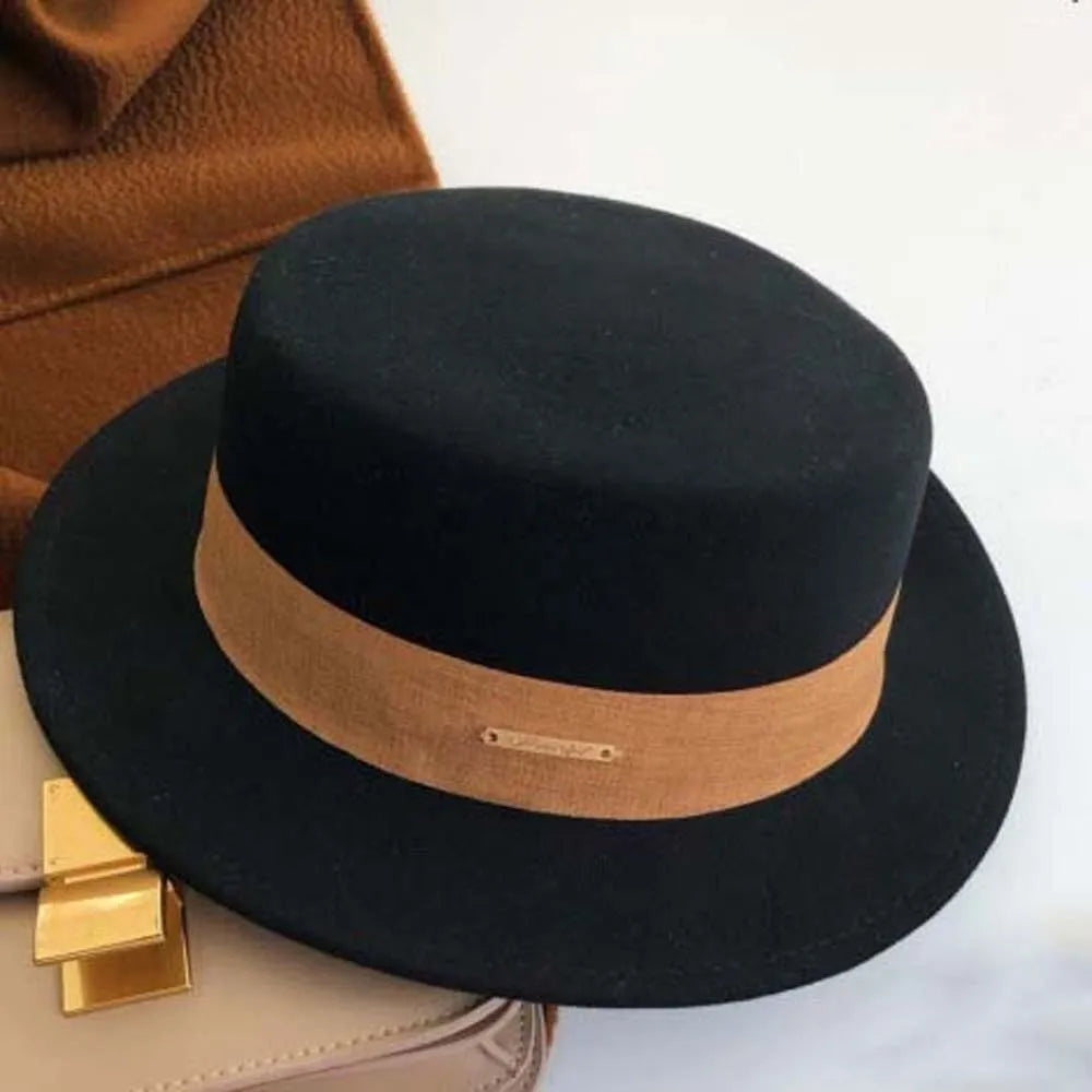 Women's Elegant Woolen Formal Hat Autumn and Winter Black Vintage Lady British Style Flat Top Hat Stage Accessories