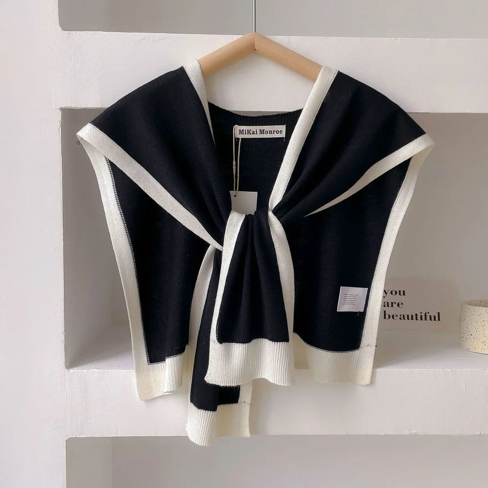 Knitted Shawl Fake Collar Women Detachable Collars Tie White Neckline Big Lapel False Collar Shoulder Wrap Clothing Accessories