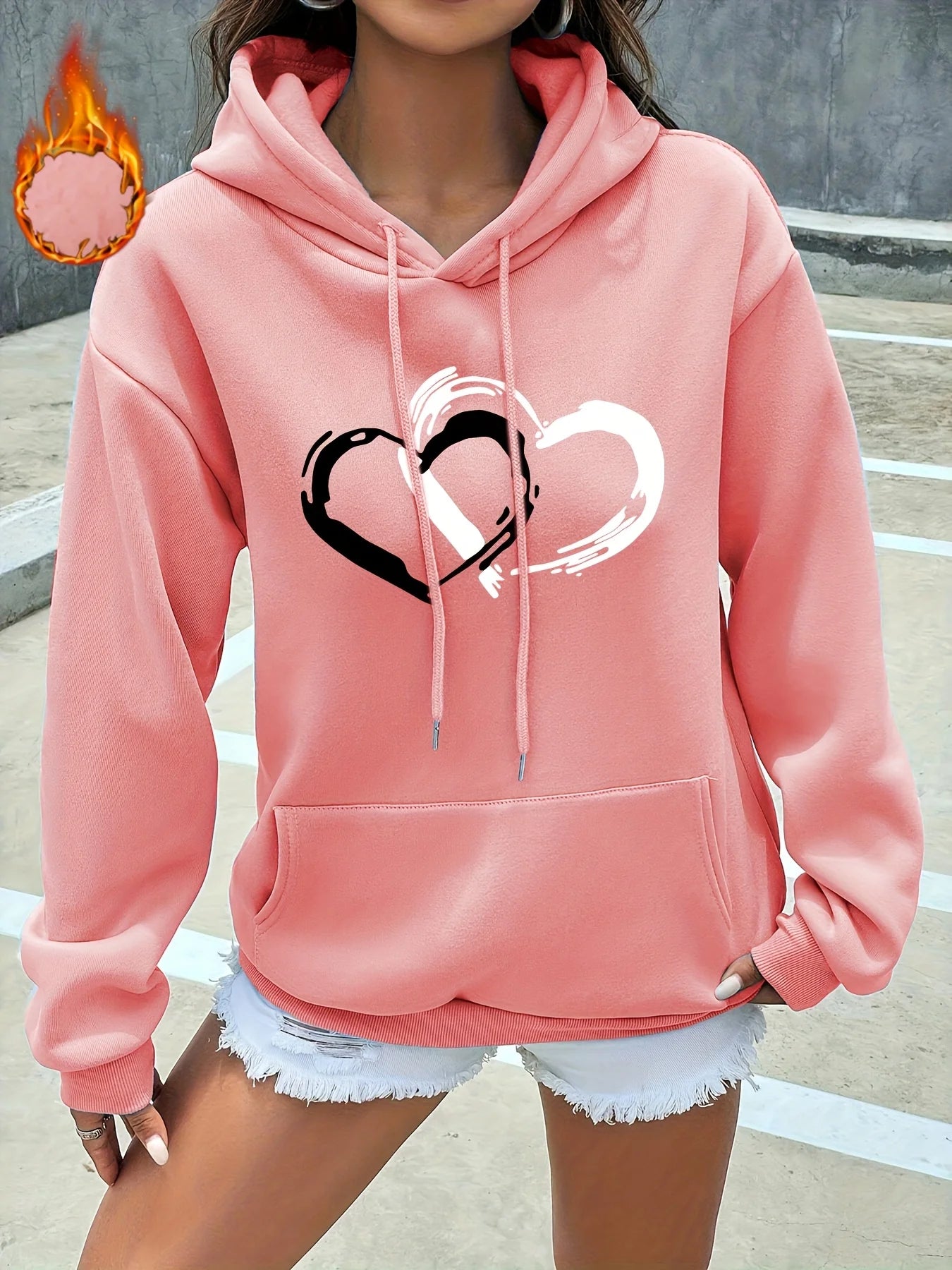 Heart Print Kangaroo Pocket Hoodie Casual Long Sleeve Drawstring Hoodies Sweatshirt for Winter & Autumn Women's Clothing