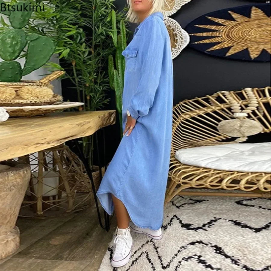 2026 Women's Spring Autumn Denim Dress Blue Long Sleeve Elegant Long Jeans Dresses Female Casual Fashion Holiday Ladies Dress