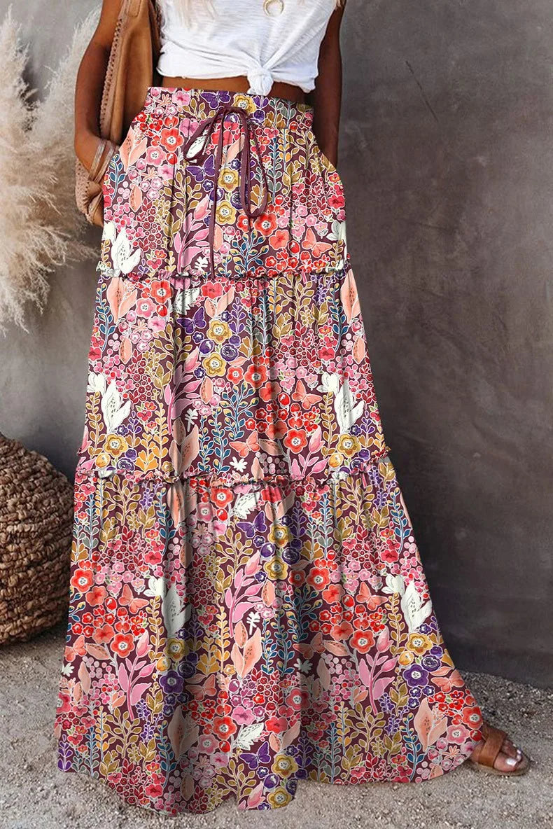 Floral Pocket Belted Pleated Maxi Skirt