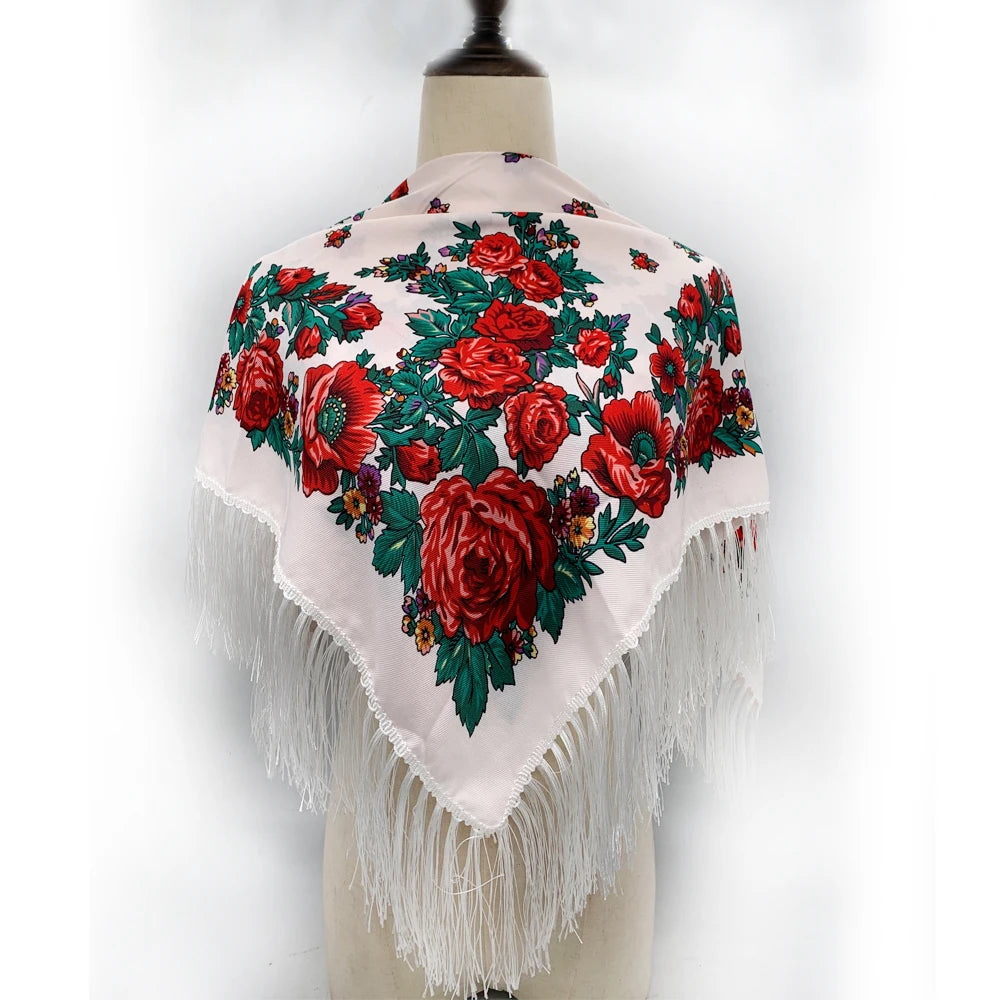 Russian Square Scarf Women Luxury Floral Print Fringed Bandana Scarves Pareo Lady Headband Scarves Babushka Head Wraps