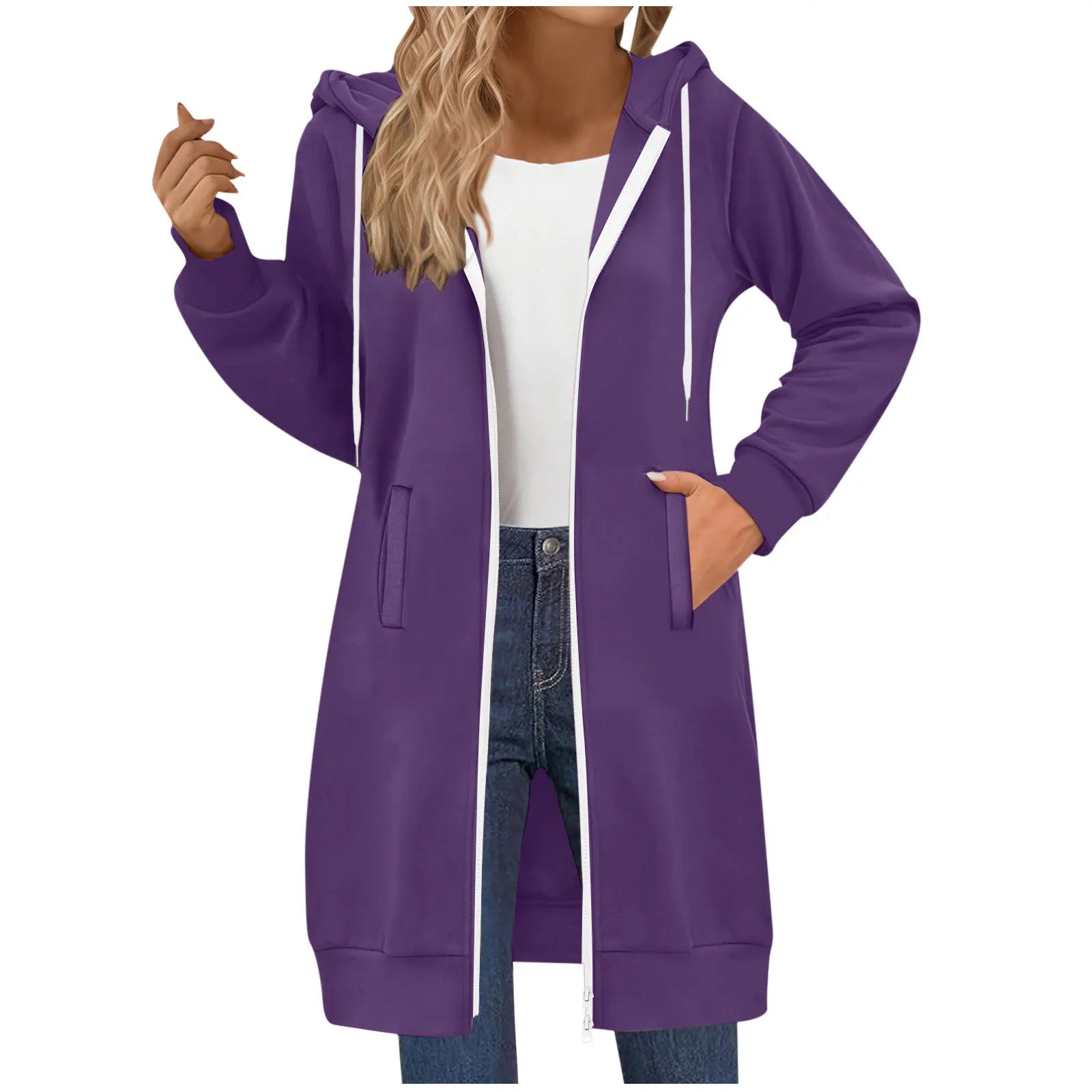 Women's Clothing Long Sweatshirt Casual Versatile Drawstring Long Sleeve Hooded Jacket with Pockets