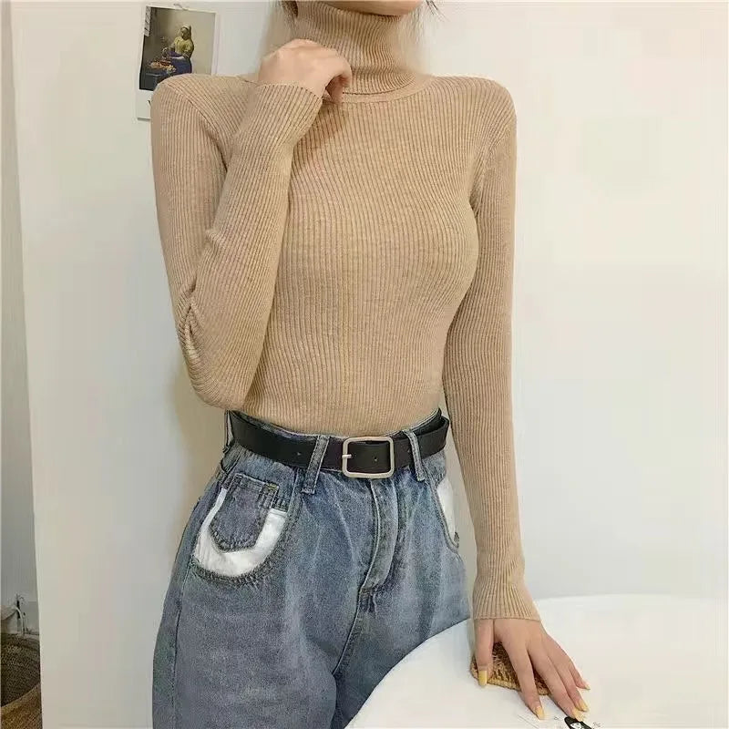 Women Heaps Collar Turtleneck Sweaters Autumn Winter Slim Pullover Women Basic Tops Casual Soft Knit Sweater Soft Warm Jumper