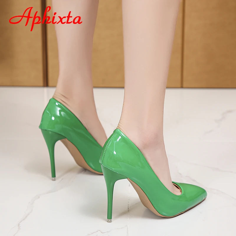 Aphixta 2026 Green Super High 3.94inch Stiletto Heels Women's Pumps Thin Heels Pointed Toe Colorful Patent Leather Office Shoes