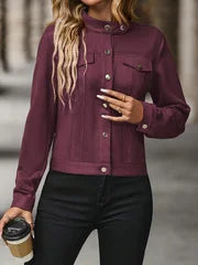 Plus-Size Women's Solid Color Elegant Long-Sleeve Button-Up Jacket - Soft Stretch Faux Suede Fabric, Stand-Up Collar with Chest Pockets