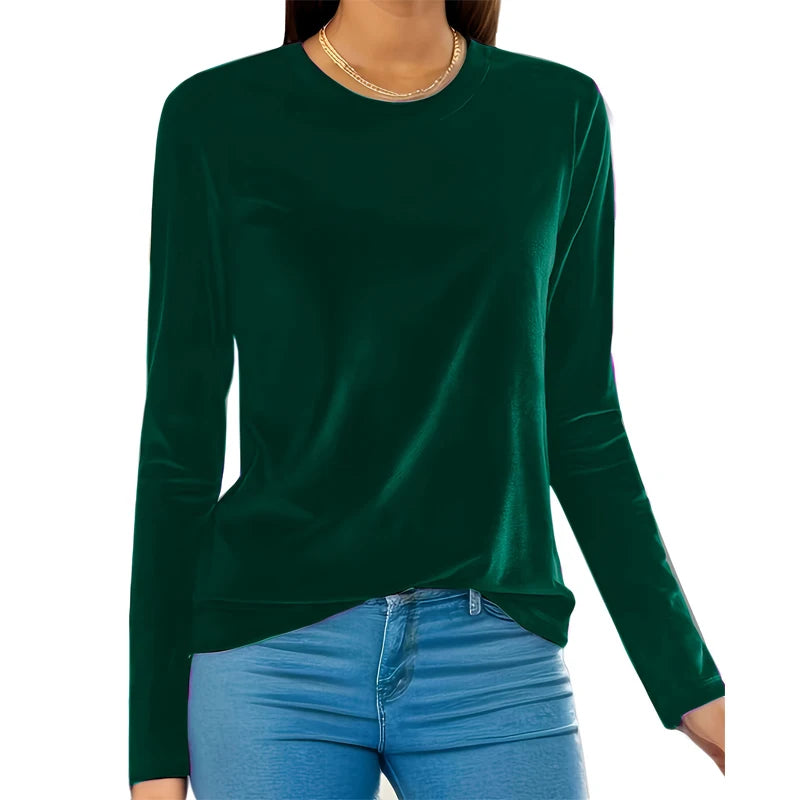 Plus Size Women's Tops 2025 New Solid Color Round Neck Long Sleeve Shirt Slim Stretchy Blouse Casual Loose Fit Tunic Top 1XL-5XL