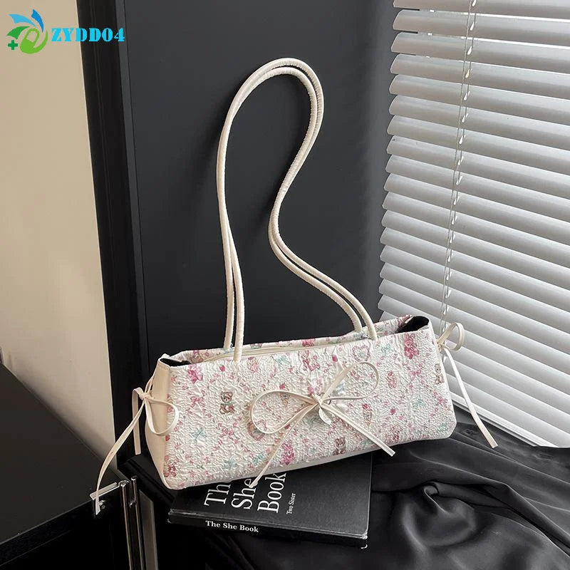 ●1Pcs Sweet Bow Shoulder Bag Cartoon Print Underarm Bag Female Tote Bag Large Capacity Commuter Handbag Holiday Gift
