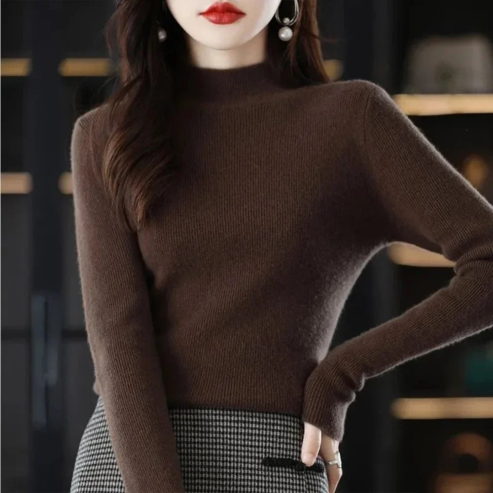 Temperament Pleated Pullover Sweater For Women Long-Sleeve Female S-2XL Siz Half High Collar Underlay Sleeve Sweater Slim Fit