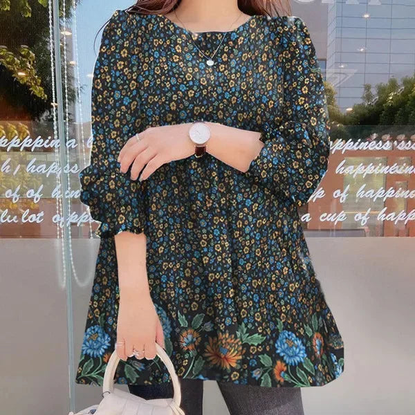 2023 Autumn Winter Womens Blouse Round Neck Fashion Ruffled Shirt Casual Loose Floral Print Top Femme Bubble Sleeve Pullover