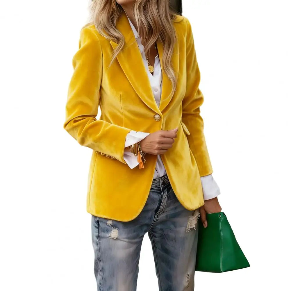 Elegant Velvet Blazer for Women Single Button Lapel Female Blazer Jacket Slim Fit Office Lady Outerwear Coat Spring Autumn Women