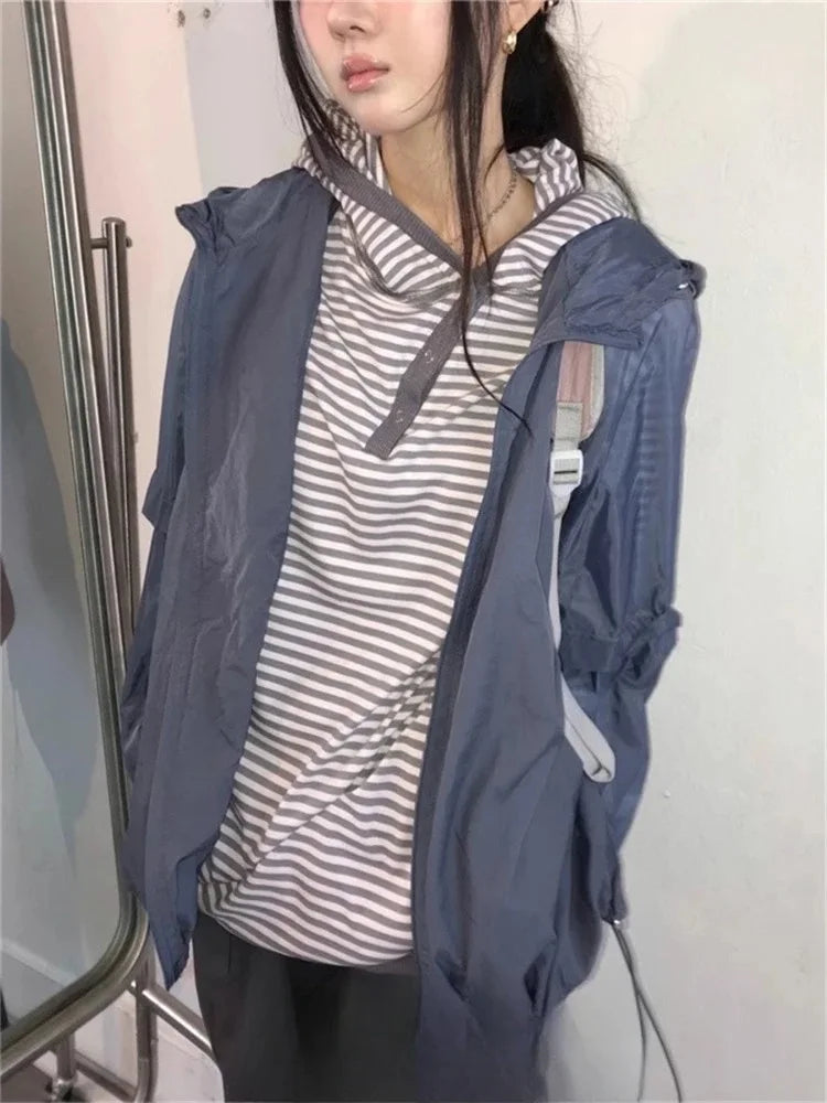 Preppy Style Korean Hoodies Hooded Striped Long Sleeve Sweatshirts 2024 Ropa Mujer Casual Fashion Hoodie Women Clothing Y2k Tops
