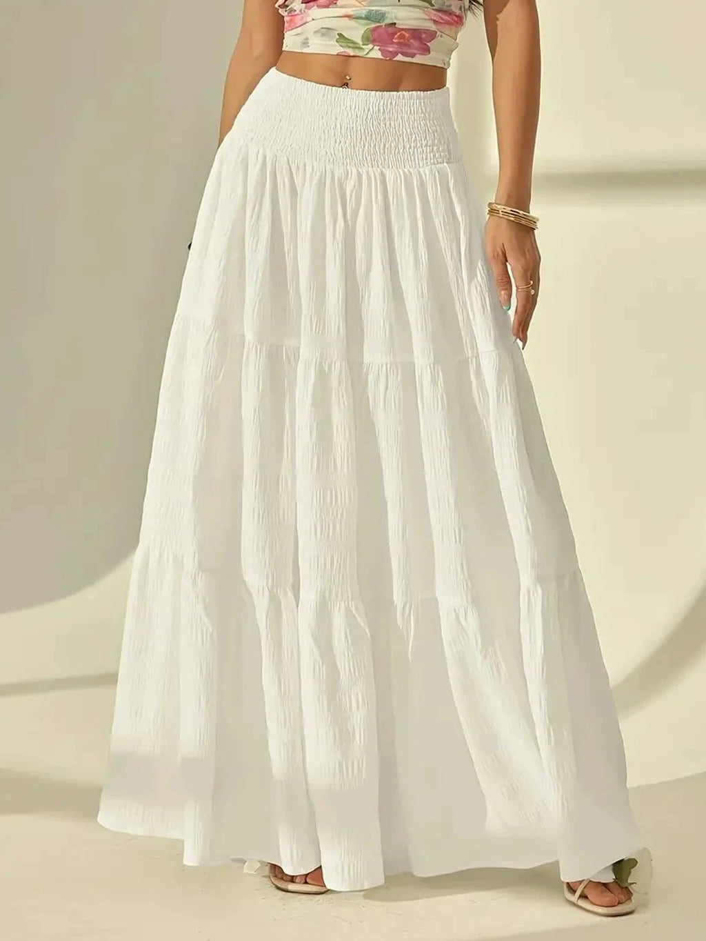 Summer Women White Tiered Maxi Skirt, High Waisted Elastic Waist Pleated Flowy Long Skirt