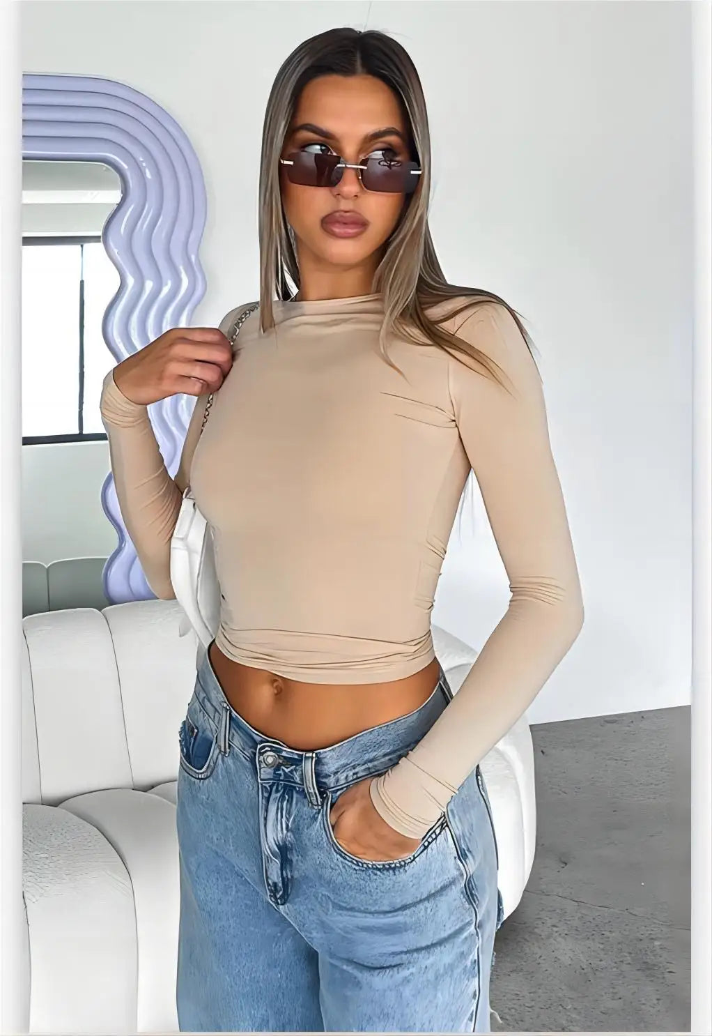 Long Sleeve U Neck Crop Top Women Sexy  Female Slim Tight Tee Casual Summer Tee Clothes Streetwear Brown women clothing