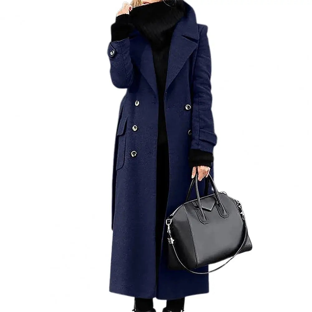 Women Woollen Overcoat Double-breasted Mid-calf Length Long Sleeves Jacket Slim OL Formal Coat