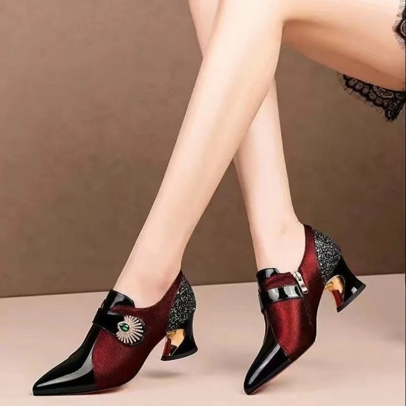 Deep Mouthed Color Blocked High Heels 2025 Spring Autumn New Style Thick Heel Fashionable Pointed Side Zipper Leather Shoes