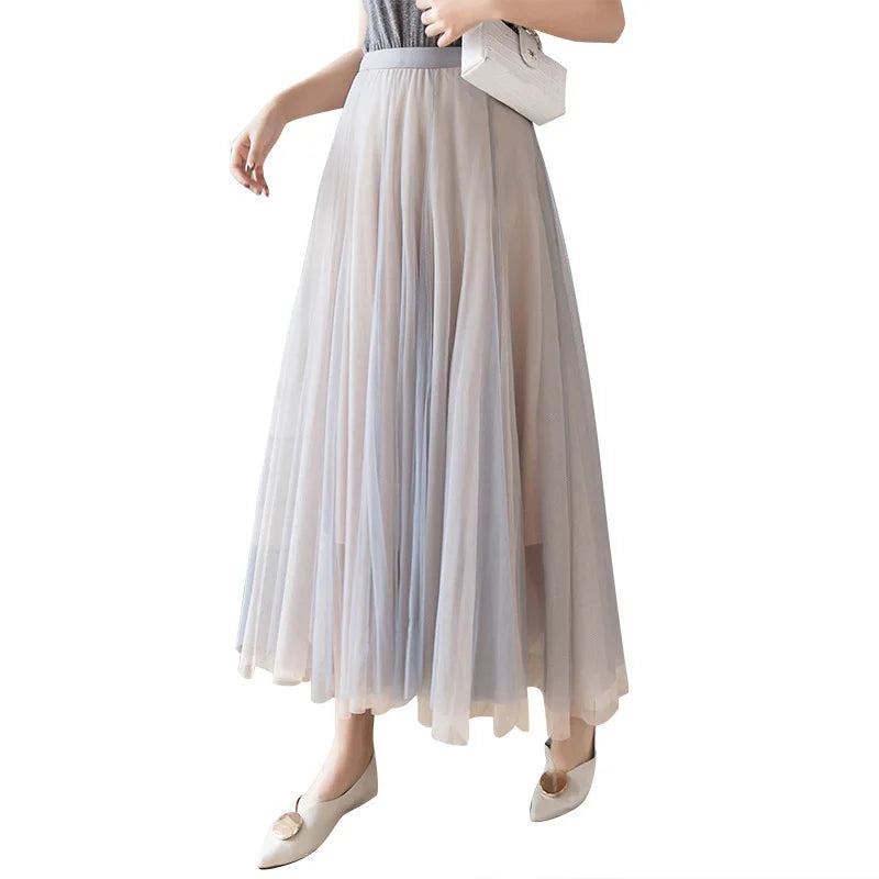 Vintage 100cm Long Tulle Maxi Skirt for Women Korean Style High Waist Elastic Mesh Pleated Tutu Skirt Female Jupe Longue