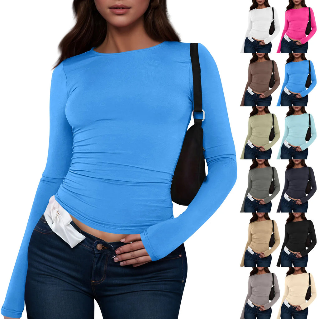 Women Fashion Casual Long Sleeve T Shirt Lady Minimalist Style Solid Color Round Neck Top Female Casual Skinny Daily Clothes