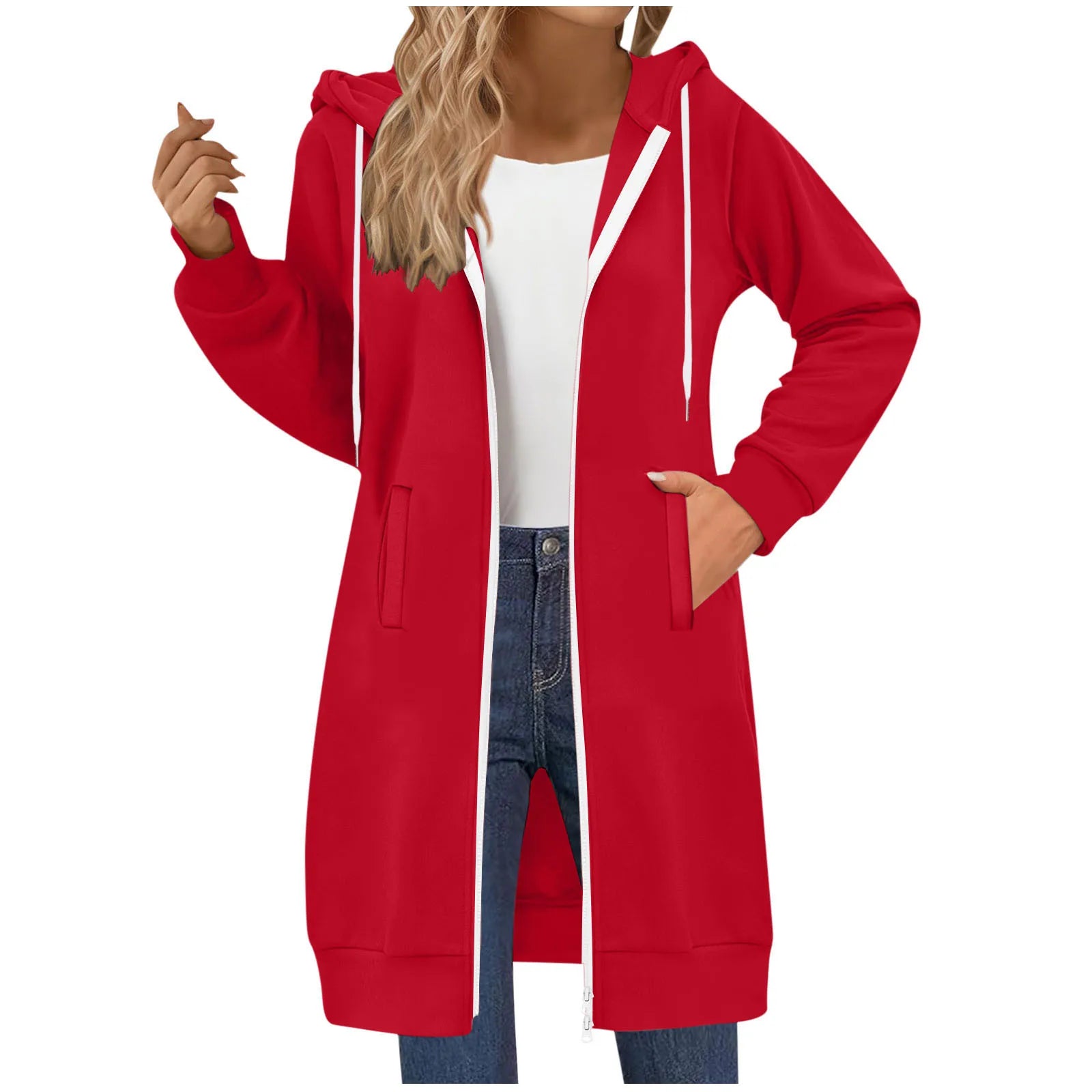 Women's Clothing Long Sweatshirt Casual Versatile Drawstring Long Sleeve Hooded Jacket with Pockets