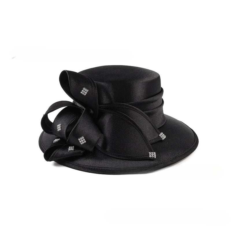Elegant Cloth Top Hats For Women Cocktail Tea Party Derby Cap Ladies Flower Wide Brim Church Fedora Black Cloche Hats