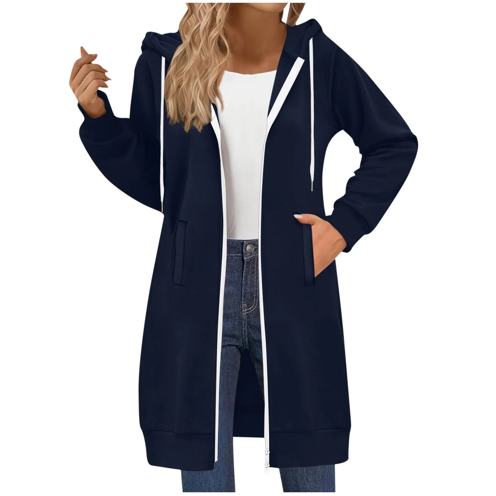 Women's Clothing Long Sweatshirt Casual Versatile Drawstring Long Sleeve Hooded Jacket with Pockets