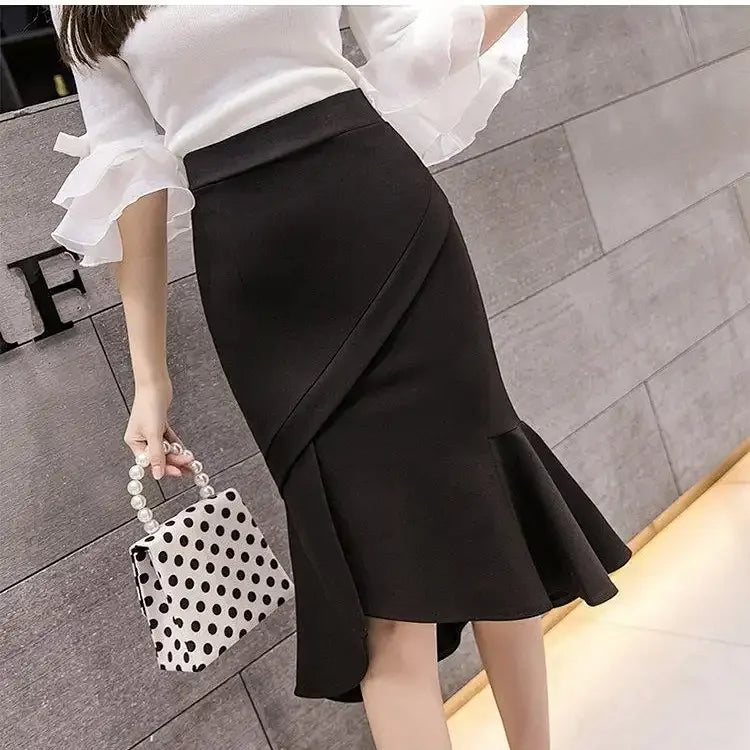 Womens Black Asymmetric Ruffle Mermaid Skirt High Waist Bodycon Pencil Skirt