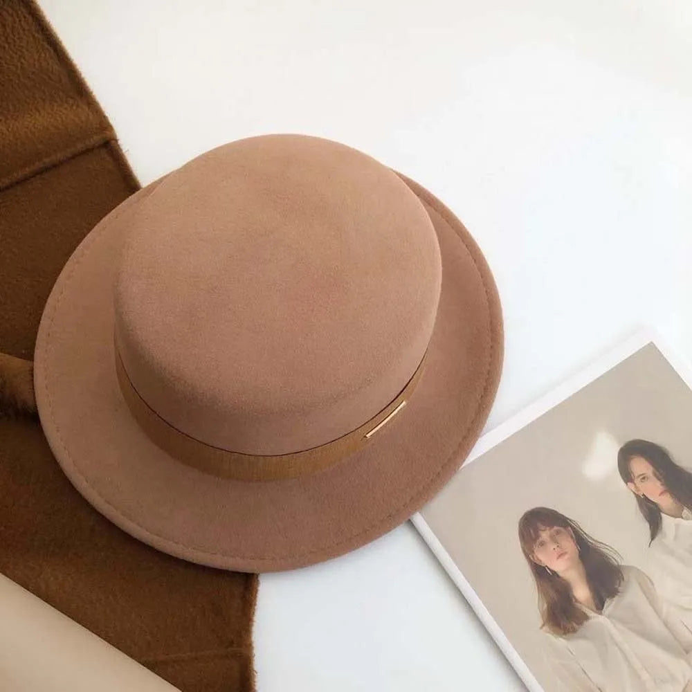 Women's Elegant Woolen Formal Hat Autumn and Winter Black Vintage Lady British Style Flat Top Hat Stage Accessories