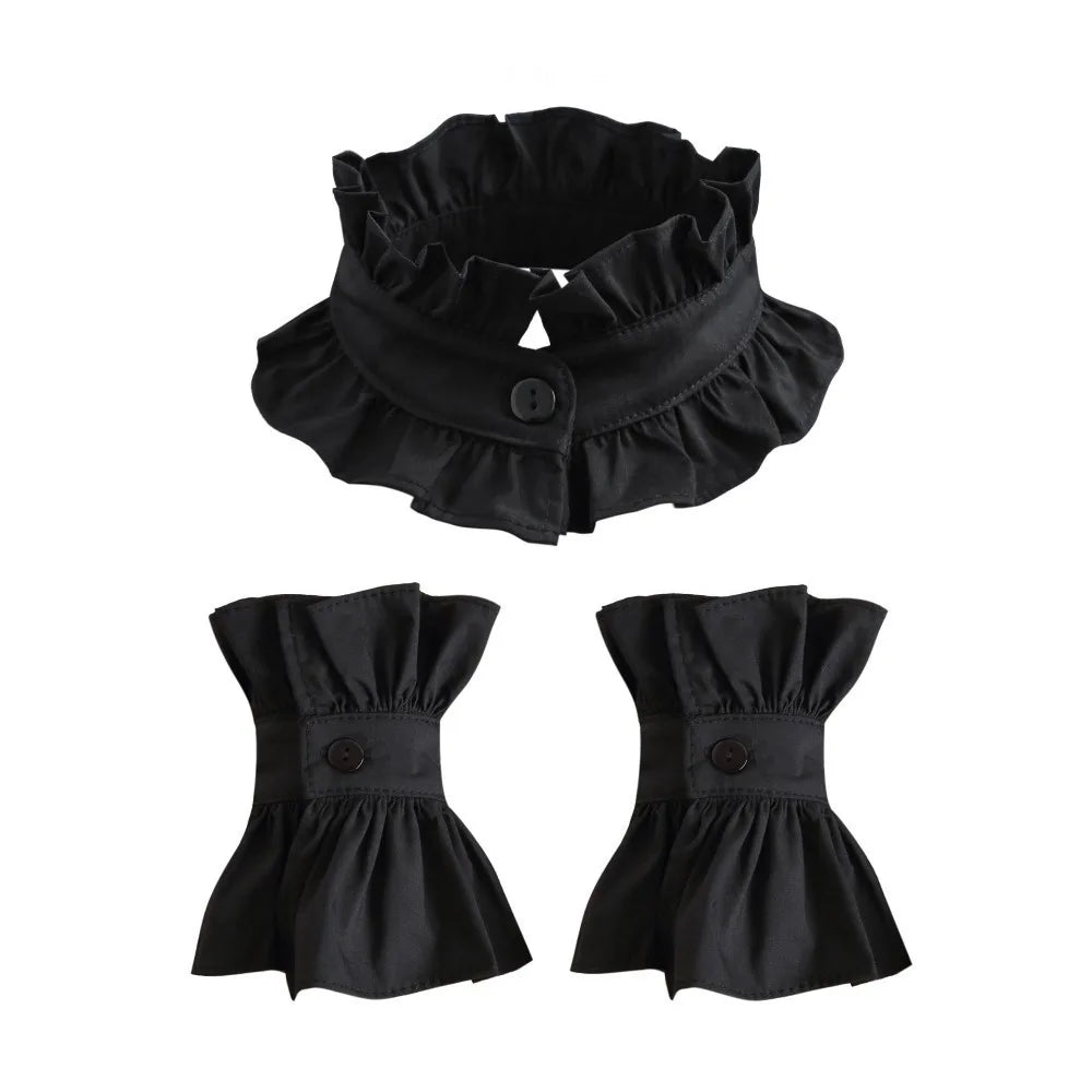 1 set French Style Fake Faux Collar Pleated Design Ruffled Edge Stand Collar Adjustable Feature Detachable Ruffled Sleeve