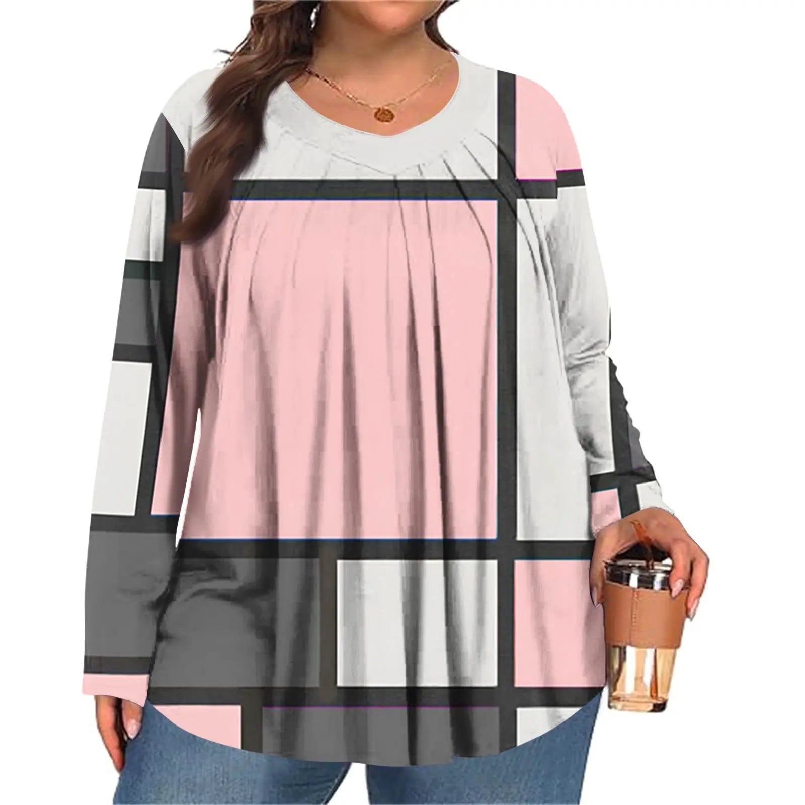 Plus Size Long Sleeve Top for Women Fashion Retro Floral Print Pleated Round Neck T-shirt Female Casual Autumn Base Shirt