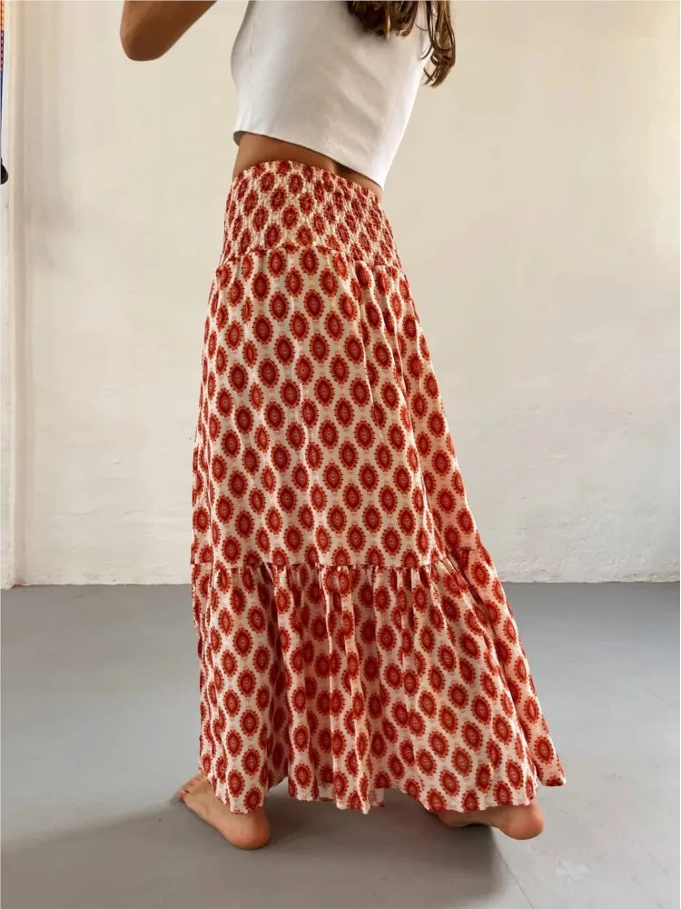 Elastic Waist Floral Print Boho Midi Skirt