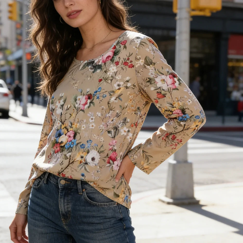 Bohemian Floral Print Long Sleeve Blouse – Casual Loose Fit Top for Women