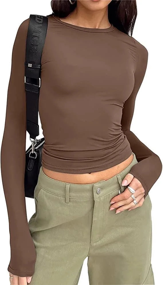 Long Sleeve U Neck Crop Top Women Sexy  Female Slim Tight Tee Casual Summer Tee Clothes Streetwear Brown women clothing