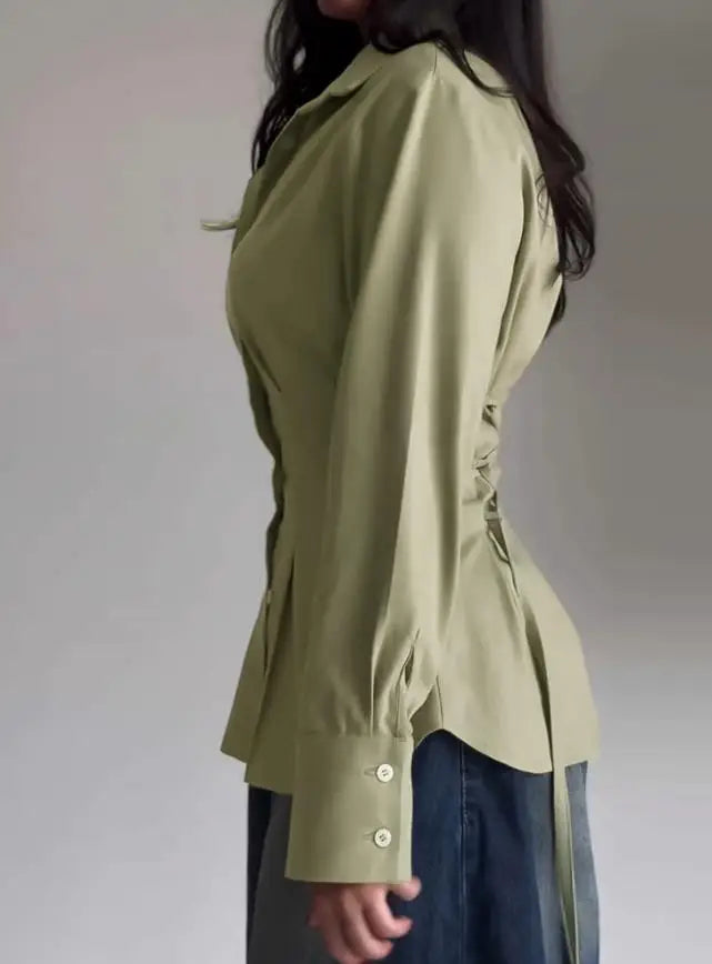 Women Shirt 2025 Spring New Turn-Down Collar Long Sleeve Button Front Blouse Casual Back Criss Cross Tied Detail Fishtail Shirt