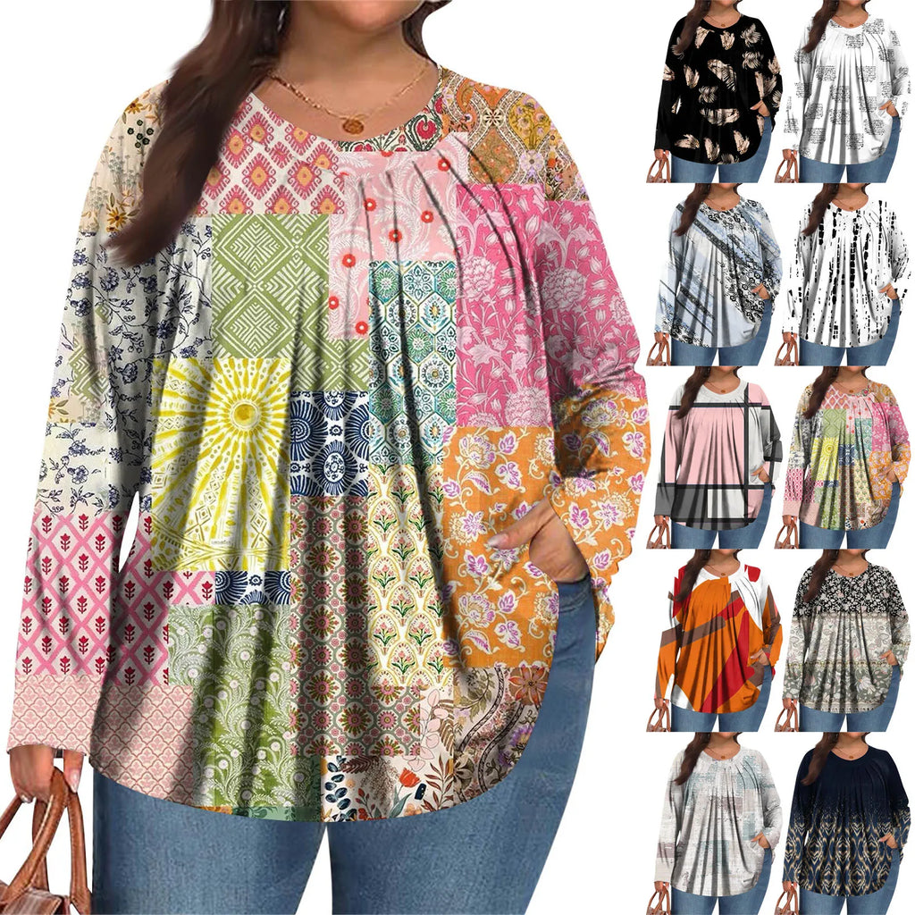 Plus Size Long Sleeve Top for Women Fashion Retro Floral Print Pleated Round Neck T-shirt Female Casual Autumn Base Shirt