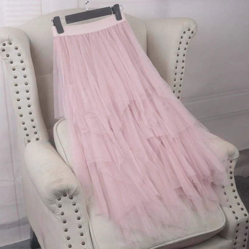 Long Mesh Skirt For Women 2025 Summer Tulle Skirt Women High Waist Maxi Skirt Spring Elastic Waist Adult Tutu Skirts Jupe Longue