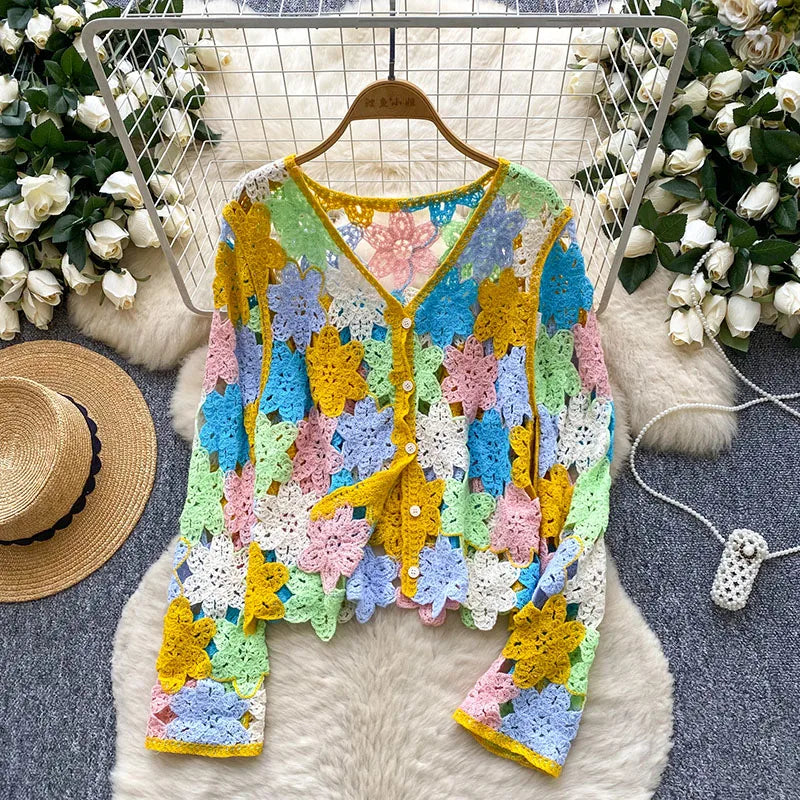 Hollow Out Bohemian Cardigans Women V neck Long Sleeve Colorful Floral Top Fashion Vintage Vacation Beach Loose Blouse