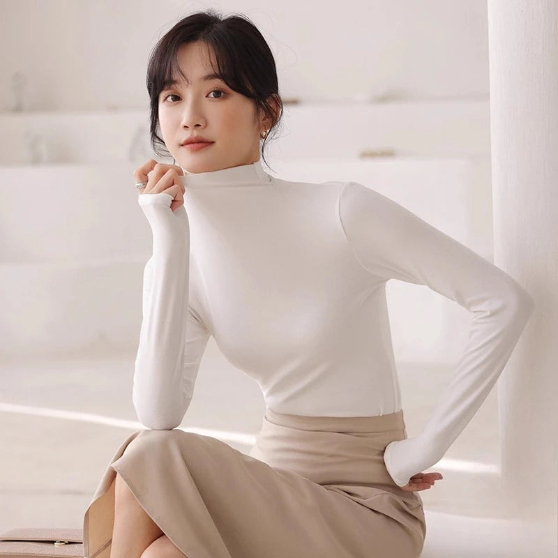Autumn Winter Women T Shirt Long Sleeve Solid Color Pullover Basic Half Turtleneck Slim Fit Casual Top Korean Fashion Undershirt