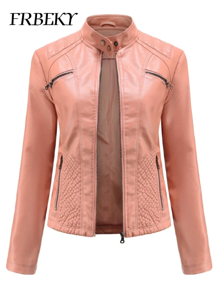 Women coat Autumn New Casual Leather Jacket Standing Collar Long Sleeve Jacket Slim Solid Color Coat Streetwear Zipper Jacket