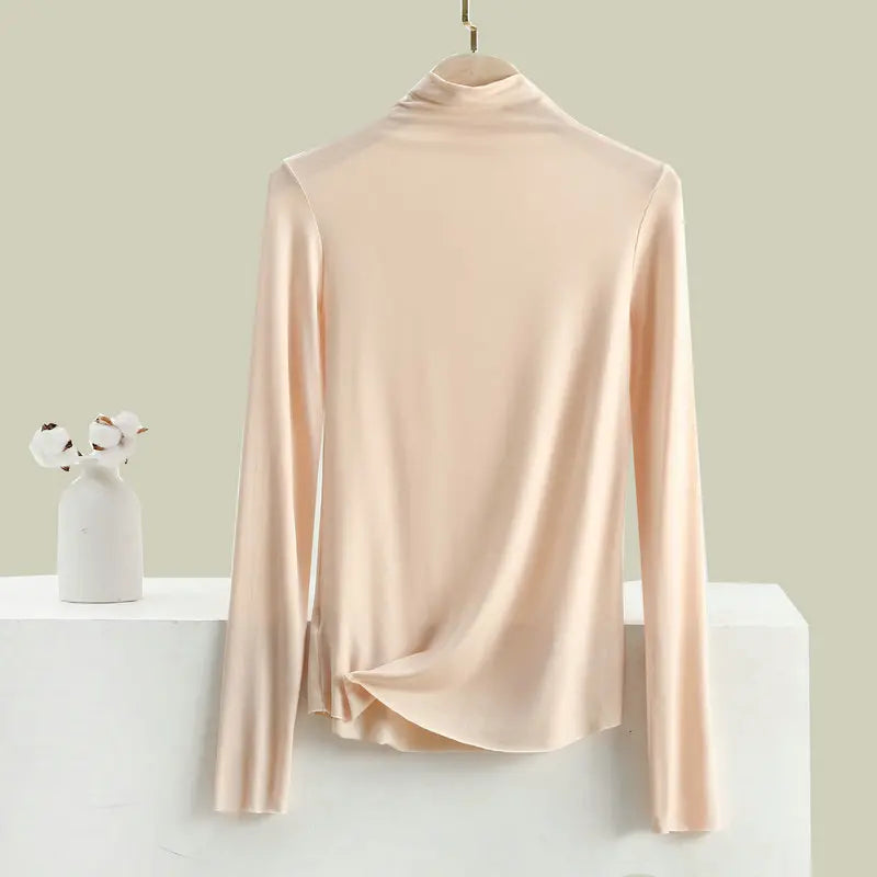 Women Autumn Bottoming Tshirt Long sleeves Mockneck Seamless T-shirt wear inside winter Tee Tops All match