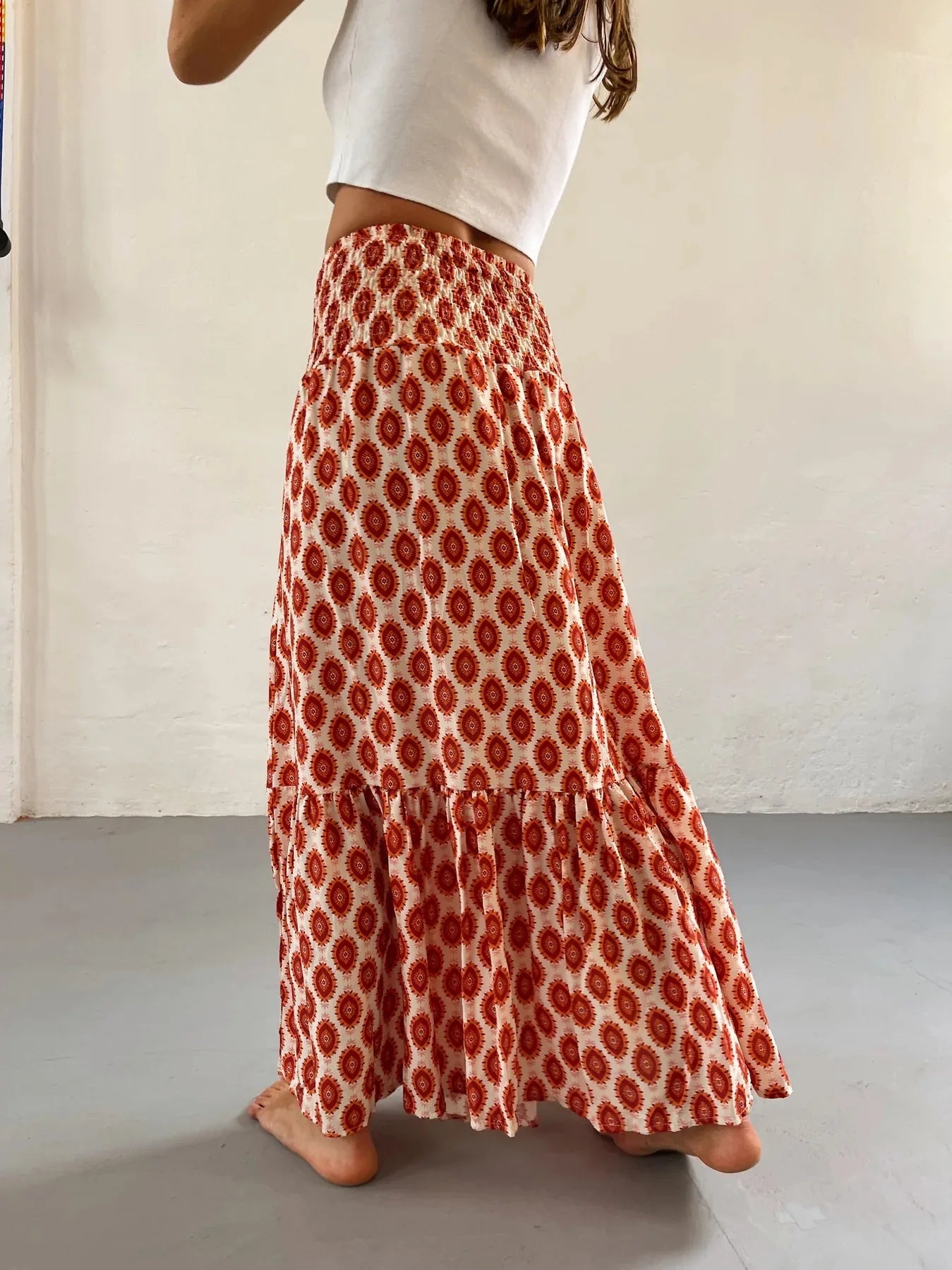 Elastic Waist Floral Print Boho Midi Skirt