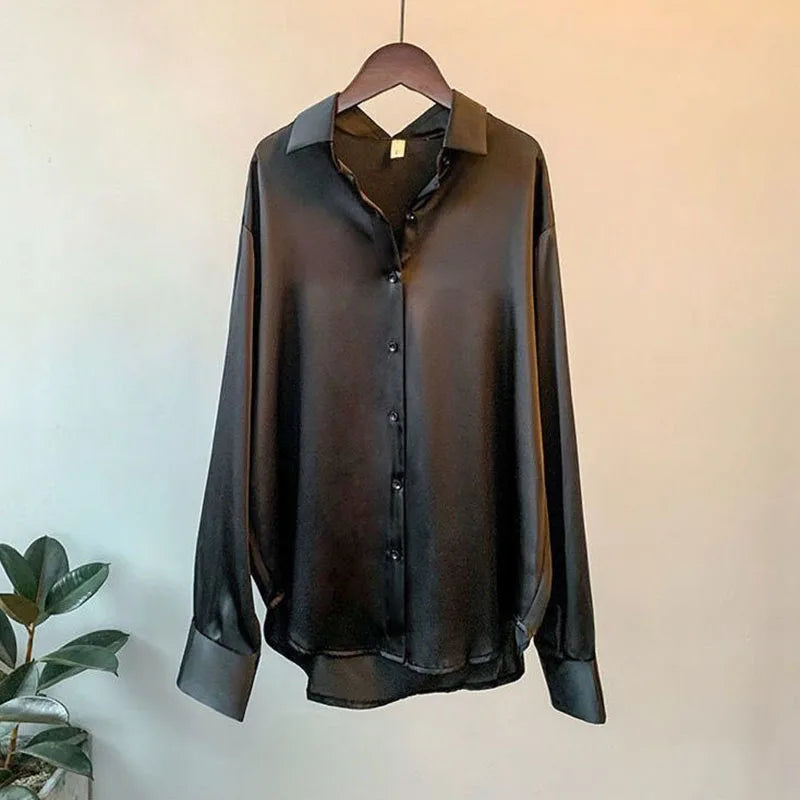 Women Autumn Shirt Vintage Satin Blouse Long Sleeve Button Down Silky Shirt Work Office Top Ladies Casual Shirt