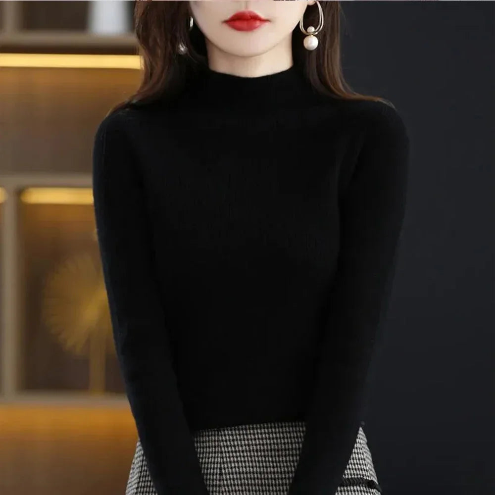 Temperament Pleated Pullover Sweater For Women Long-Sleeve Female S-2XL Siz Half High Collar Underlay Sleeve Sweater Slim Fit