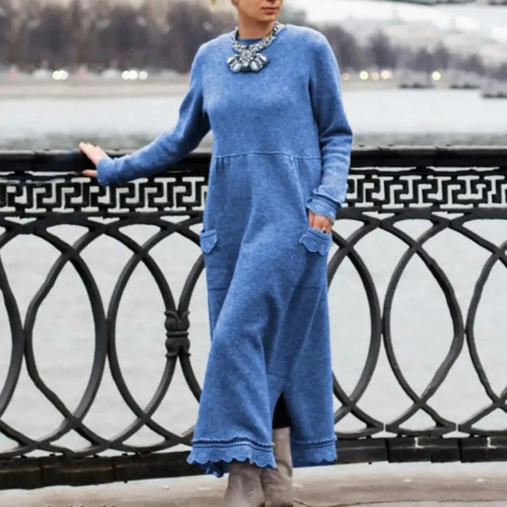 2024 Autumn Winter New Long Dresses For Women Flower Lace Edge Loose Maxi Dress Casual Long Female Solid Color Pocket Vestidos