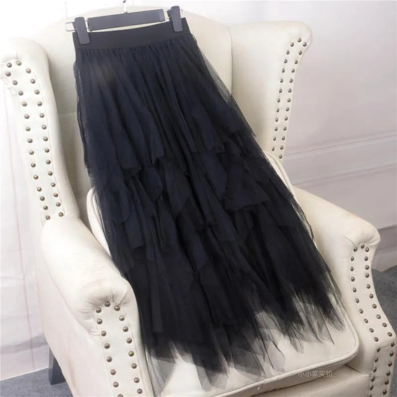 Long Mesh Skirt For Women 2025 Summer Tulle Skirt Women High Waist Maxi Skirt Spring Elastic Waist Adult Tutu Skirts Jupe Longue