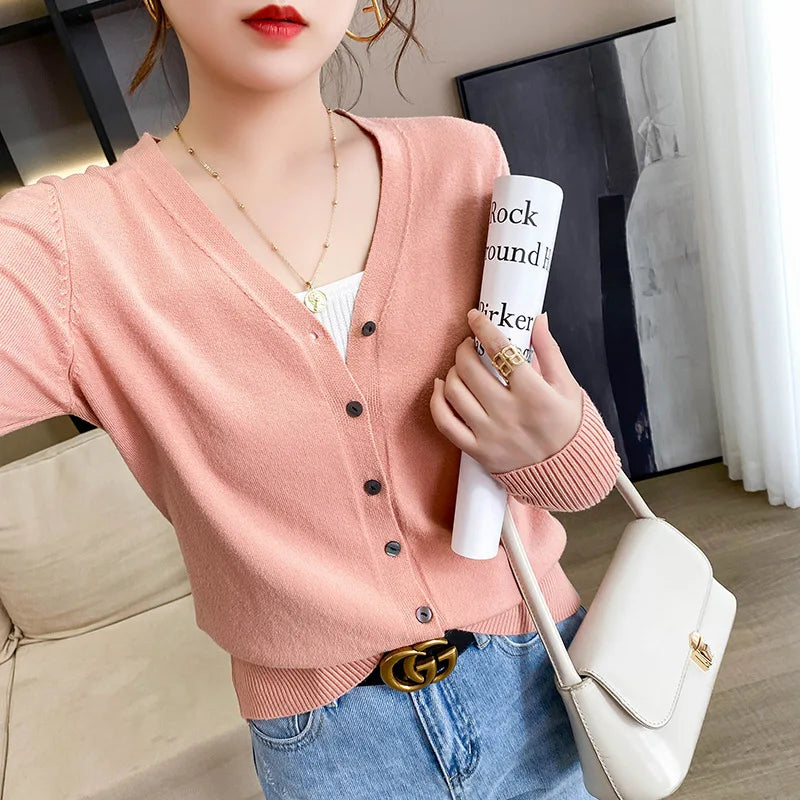 Spring Autumn Women Cardigans Loose Solid Single Breasted V-neck Pink Red Fashion Cardigan Jumpers Knitwear 2025
