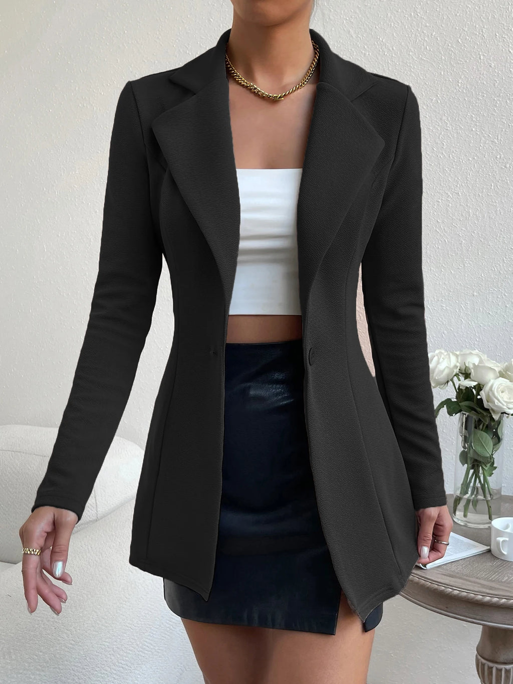 plus size women's fashion temperament long sleeves, slim fit solid color, large size women's medium and long blazer
